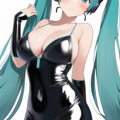 vocaloid, hatsune miku, nai diffusion, stable diffusion, blue hair, bunnysuit, front view, latex, smile, smiling at viewer, ai generated