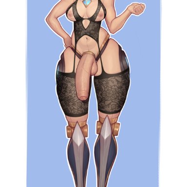 league of legends, camille ferros, asura (artist), 1futa, areolae, balls, big breasts, big hips, big penis, blue eyes, breasts, clothed, clothing, cybernetics, flaccid