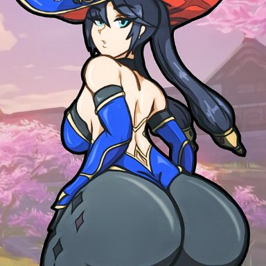 genshin impact, mona (genshin impact), biggy deez, 1girls, ass, big ass, black hair, blue eyes, bottom heavy, breasts, bubble butt, clothing, dat ass, fat ass, female