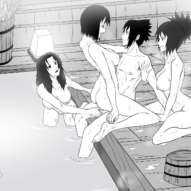 naruto, naruto (series), naruto shippuden, kurenai yuhi, mitarashi anko, sasuke uchiha, shizune, gerardosteel, 1boy, 3girls, adult, age difference, assisted sex, bathhouse, big breasts