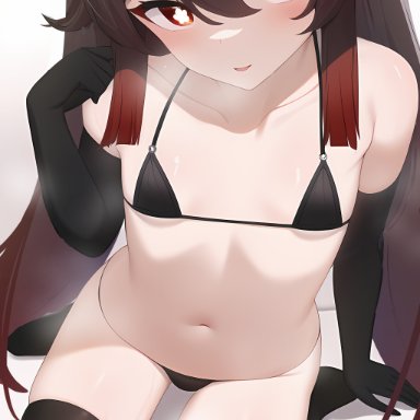 genshin impact, hu tao (genshin impact), nai diffusion, stable diffusion, 1girls, bare shoulders, bikini, black socks, blush, breasts, female, female only, flat chest, flat chested, gloves