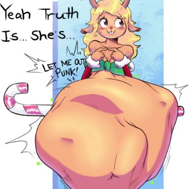 deltarune, undertale (series), noelle holiday, susie (deltarune), panthera cantus, anthro, breast expansion, breasts, candy, candy cane, cervid, dessert, digestion, digestion noises, digestion sequence