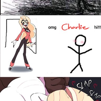 hazbin hotel, underground (artist), 1boy, 1girls, ahe gao, big ass, big breasts, black lipstick, blonde hair, dark-skinned male, demon, demon girl, drooling, faceless male, fangs