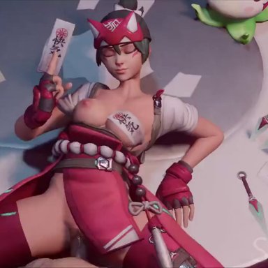 blizzard entertainment, overwatch, overwatch 2, kiriko (overwatch), kaliethva, sleepzhour, 1boy1girl, bouncing breasts, breasts, facial markings, female, female penetrated, fingerless gloves, fox mask, gloves