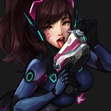 overwatch, overwatch 2, d.va, hana song, 1girls, asian female, big breasts, brown eyes, brown hair, clothed, clothing, female, female only, gun, leaning forward