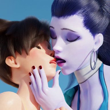 overwatch, tracer, widowmaker, ent duke, kaliethva, mintmoova, 2girls, female only, kissing, lesbian, long hair, outdoors, pussy, short hair, tongue