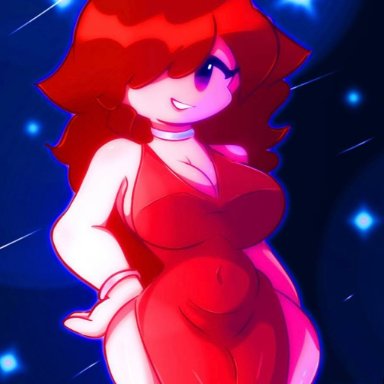 friday night funkin, newgrounds, girlfriend (friday night funkin), marble maple, ass, big ass, big breasts, blue background, blue eyes, breasts, brown hair, curvy, red dress, smile, wide hips