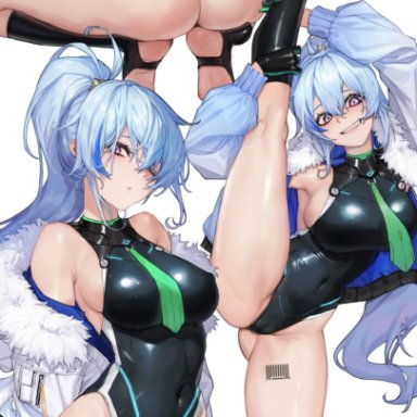 soul worker, ephnel, tunamayo (dsasd751), 1girls, ass, ass visible through thighs, barcode, barcode tattoo, bare shoulders, barefoot, big breasts, black gloves, black legwear, black one-piece swimsuit, blue hair