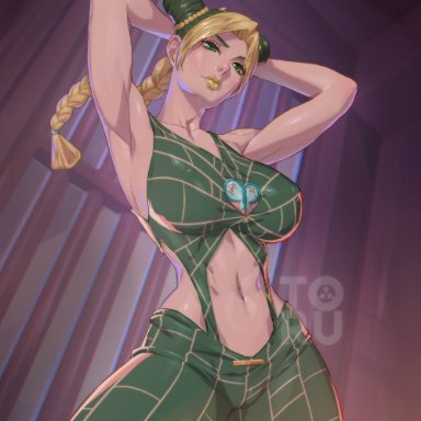 jojo's bizarre adventure, stone ocean, jolyne kujo, arttoru, 1girls, big breasts, bulging breasts, curvy female, curvy figure, erect nipples, green skin, hairbun, looking back, nipple bulge, voluptuous