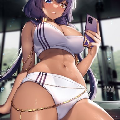 genshin impact, candace (genshin impact), squchan, 1girls, abs, belly button, bloomers, breasts, brown skin, dark-skinned female, female, fit, fit female, heterochromia, holding object