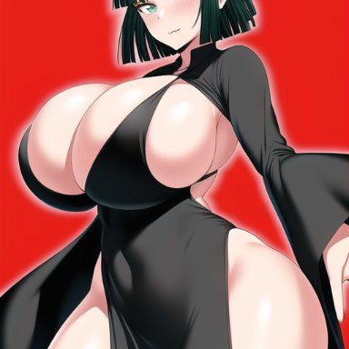 one-punch man, fubuki (one-punch man), nai diffusion, stable diffusion, 1girls, alternate breast size, bangs, big breasts, black hair, blush, breast squeeze, breast squish, breasts, busty, clothed