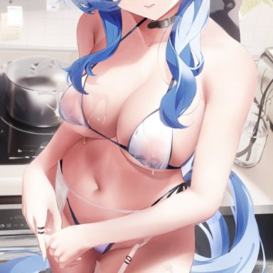 genshin impact, ganyu (genshin impact), fantongjun, sioconsole1, 1girls, bikini, blue hair, blush, breasts, closed eye, collarbone, female, female only, garter belt, garter straps