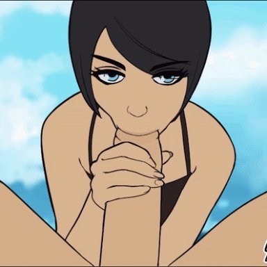 alice (lewdua), alison (lewdua), lewdua, 1boy, 1futa, 5 fingers, :&gt;=, alice and friends, androgynous, balls, beach, big breasts, big penis, biting lip, black hair