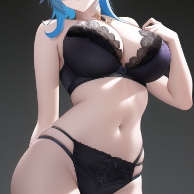 genshin impact, eula (genshin impact), nai diffusion, stable diffusion, 1girls, blue hair, bra, cleavage, curvy, female, female only, human, large breasts, light-skinned female, light skin