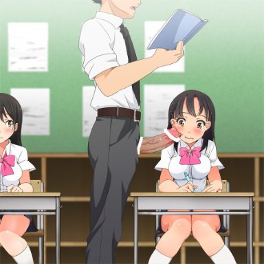 original character, ti jiyuugyou, 1boy, 1girls, 2girls, big penis, black hair, brown eyes, cheek bulge, classroom, cute, deepthroat, fringe, imminent deepthroat, large breasts