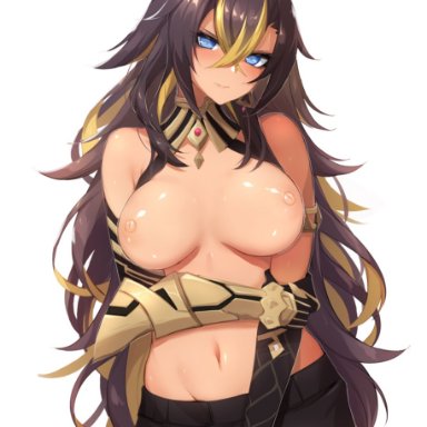 genshin impact, dehya (genshin impact), yu-ta, animal ears, bangs, black hair, blonde hair, blue eyes, breasts, breasts apart, brown hair, closed mouth, criss-cross halter, crossed bangs, dark-skinned female