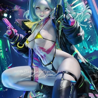 cd projekt red, cyberpunk: edgerunners, cyberpunk 2077, studio trigger, rebecca (edgerunners), sakimichan, 1girl, 1girls, armed, bikini, cyborg, female, female only, fishnets, gun