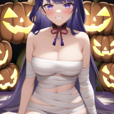 genshin impact, halloween, raiden shogun, nai diffusion, stable diffusion, bandage, breasts, female, female only, large breasts, looking at viewer, mummy, mummy costume, pumpkin, purple eyes