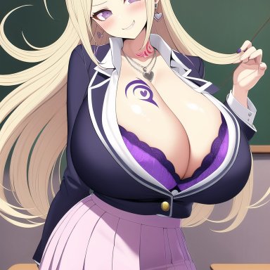 danganronpa, new danganronpa v3, akamatsu kaede, nai diffusion, stable diffusion, gyaru, huge breasts, school uniform, schoolgirl, smug, ai generated, tagme