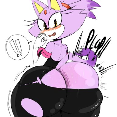 sega, sonic (series), sonic the hedgehog (series), blaze the cat, rouge the bat (cosplay), ota (artist), 1girls, anthro, ass, ass cleavage, big ass, big butt, blush, bodysuit, bottom heavy