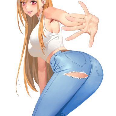 sono bisque doll wa koi wo suru, kitagawa marin, hongcasso, 1girls, alternate costume, ass, bangs, barbell piercing, barefoot, blonde hair, breasts, denim, ear piercing, earrings, feet