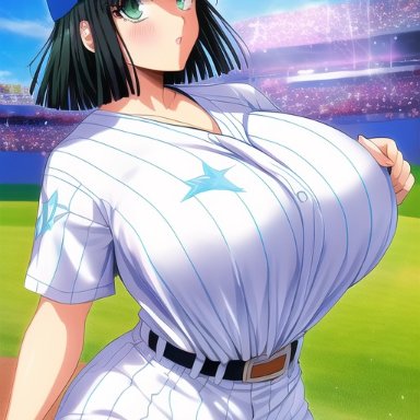 one-punch man, fubuki (one-punch man), nai diffusion, stable diffusion, 1girls, baseball cap, baseball uniform, big breasts, blush, breasts, busty, cap, clothed, clothing, curvaceous