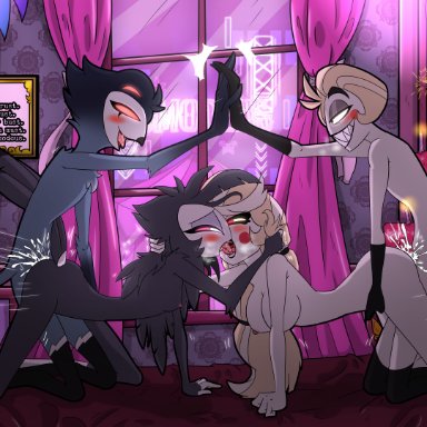 hazbin hotel, helluva boss, octavia (helluva boss), stolas (helluva boss), h1draw, age difference, avian, bed, bird, bisexual, bisexual (female), bisexual female, blush, bodily fluids, cake