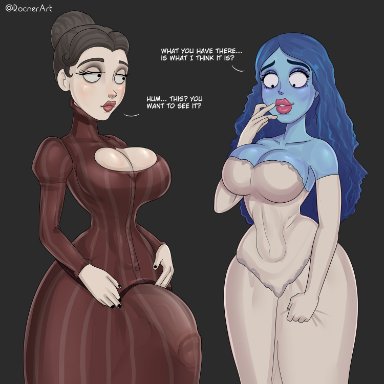 corpse bride, emily (corpse bride), victoria everglot, rocner, 1futa, 1girls, animal ears, big breasts, big penis, blush, boob window, breasts, bulge, cleavage, clothed