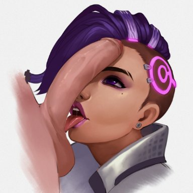 blizzard entertainment, overwatch, overwatch 2, sombra, lanoun, 1boy1girl, asymmetrical hair, beauty mark, duo, female, foreskin, latina, licking penis, male, male/female