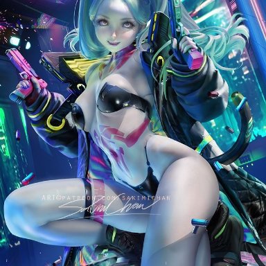 cd projekt red, cyberpunk: edgerunners, cyberpunk 2077, netflix, studio trigger, rebecca (edgerunners), sakimichan, 1girls, female, female only, gun, guns, open clothes, open jacket, small breasts