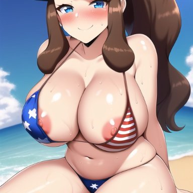 game freak, nintendo, pokemon, pokemon bw, hilda (pokemon), nai diffusion, stable diffusion, 1girls, american flag bikini, beach, bikini top, blue eyes, booty shorts, breasts, brown hair