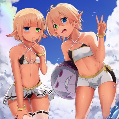 overlord (maruyama), aura bella fiora, mare bello fiore, 1boy, blonde hair, brother and sister, crossdressing, female, femboy, heterochromia, looking at viewer, siblings, smile, swimwear, trap