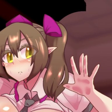 touhou, hatate himekaidou, black burakku, against wall, ambiguous penetration, areolae, big breasts, blush, breasts, brown hair, clothing, cum, cum inside, from behind, hat