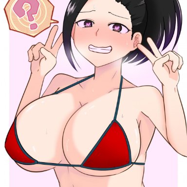 my hero academia, momo yaoyorozu, da39123, 1girls, bikini, black hair, blush, breasts, cleavage, confused, double v, femsub, heart-shaped pupils, high ponytail, hypnosis