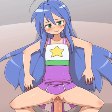 lucky star, konata izumi, kaz (shade), 1boy, ahoge, blue hair, blush, clitoris, clothes lift, dress, dress lift, female, green eyes, looking at viewer, lying