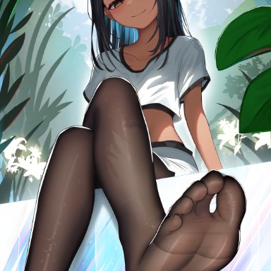 please don't bully me, nagatoro, hayase nagatoro, damao yu, 1girls, black hair, blush, breasts, brown eyes, clothed, clothing, earrings, feet, female focus, female only, foot fetish