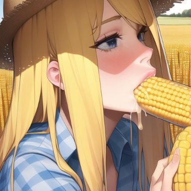 original, nai diffusion, stable diffusion, 1girls, blonde female, blonde hair, corn, cornography, country girl, farmer, farmgirl, fellatio, flannel, hardcore cornography, oral sex