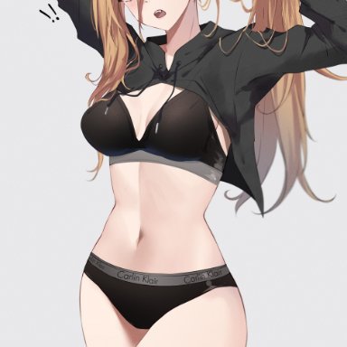 calvin klein, chainsaw man, power (chainsaw man), feintheart721, bikini, blonde female, blonde hair, hoodie, horns, long hair, long sleeves, medium breasts, surprised, surprised expression, thighs