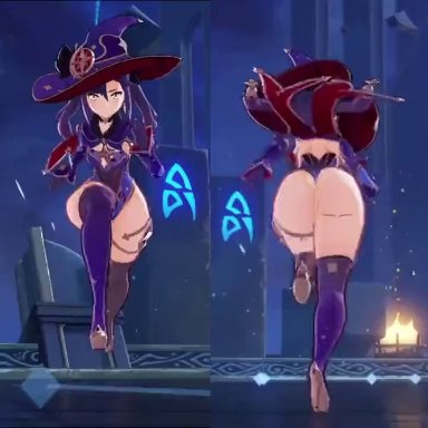 genshin impact, mona (genshin impact), hazeker, alternate ass size, big ass, curvaceous, curvy, running, thick thighs, thighhighs, thighs, wide hips, witch hat, 3d, animated