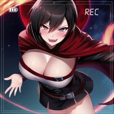 rwby, ruby rose, nai diffusion, segal03, stable diffusion, breast belt, cleavage, red cape, skirt, thighs, vampire, ai generated, animated, commission