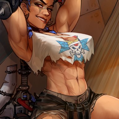 blizzard entertainment, overwatch, overwatch 2, junker queen, momodeary, 1girls, abs, armpits, arms behind head, arms up, ass, ass peek, axe, big breasts, biting lip