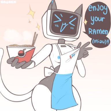 carrefour, kerfu&#347;, sataenart, anthro, apron, blue nipples, cat ears, cat tail, female, kerfu&#347; female, nipple slip, nipples, ramen, robot, robot girl