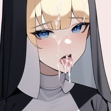 nai diffusion, stable diffusion, blonde hair, blue eyes, blush, breasts, cum, cum in mouth, cum on body, cum on breasts, cum on face, cum on hair, cumdrip, cumshot, nun