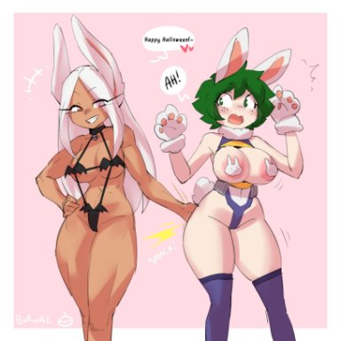 my hero academia, female deku, izuku midoriya, miruko, rumi usagiyama, borvar, 2girls, areola, areolae, bare shoulders, big breasts, blush, breasts, bunny ears, cleavage