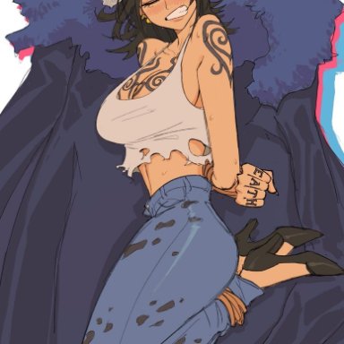 one piece, marshall d teach, trafalgar law, teekayo9, 1girls, angry, angry face, black hair, canon genderswap, genderswap, hat, heels, high heels, kidnapped, kidnapping