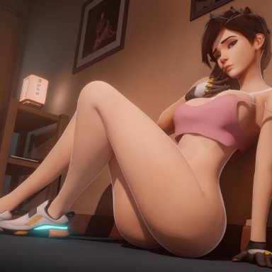 blizzard entertainment, overwatch, tracer, breadblack, 1girls, bottomless, bottomless female, breasts, brown hair, crop top, ear piercing, female, female focus, female only, gloves