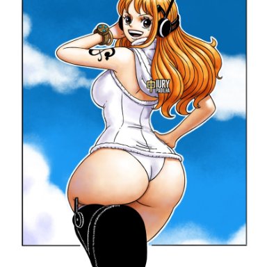 one piece, nami, iury padilha, 1girls, ass, ass focus, boots, busty, curvy, dat ass, egghead, female, female only, log pose, looking at viewer