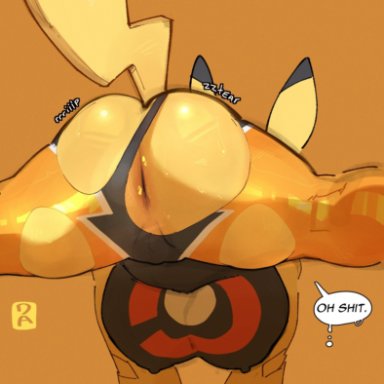 nintendo, pokemon, generation 1 pokemon, pikachu, pikachu libre, pokemon (species), goonie-san, anthro, anus, biped, bodily fluids, clothing, cosplay pikachu (costume), female, nipple outline