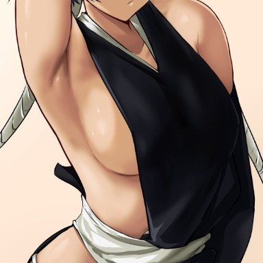 bleach, soifon, cafekun, :/, arm up, armpits, bangs, black eyes, black gloves, black hair, blunt bangs, breasts, closed mouth, clothing aside, cum