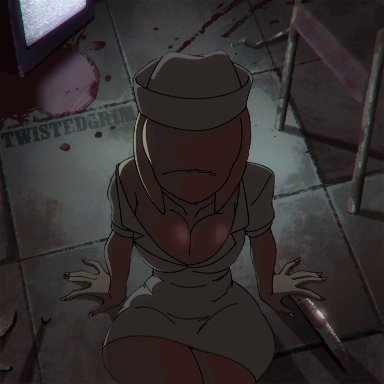 silent hill, silent hill 2, bubble head nurse, nurse (silent hill), mizu wolf, twistedgrim, 1girl, blood, cameltoe, cleavage, faceless female, horror, knife, legs over head, monster girl